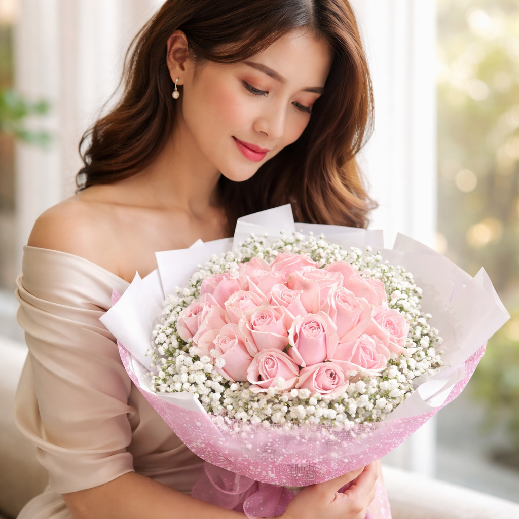Sugar Cloud (Pink Roses, Baby’s Breath) | Fresh Flower Bouquet