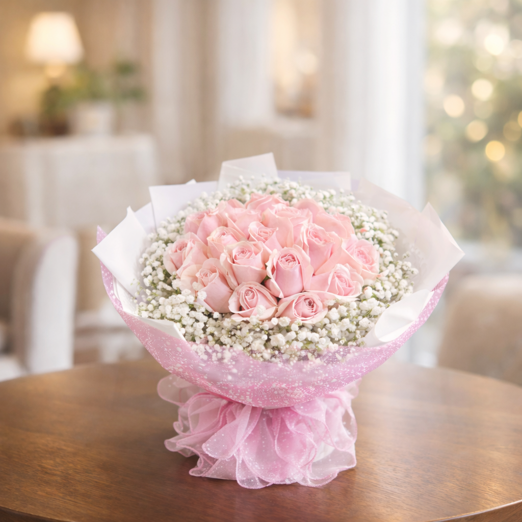 Sugar Cloud (Pink Roses, Baby’s Breath) | Fresh Flower Bouquet