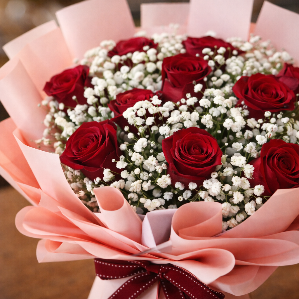 Velvet Bloom (Roses, Baby's Breath) | Fresh Flower Bouquet