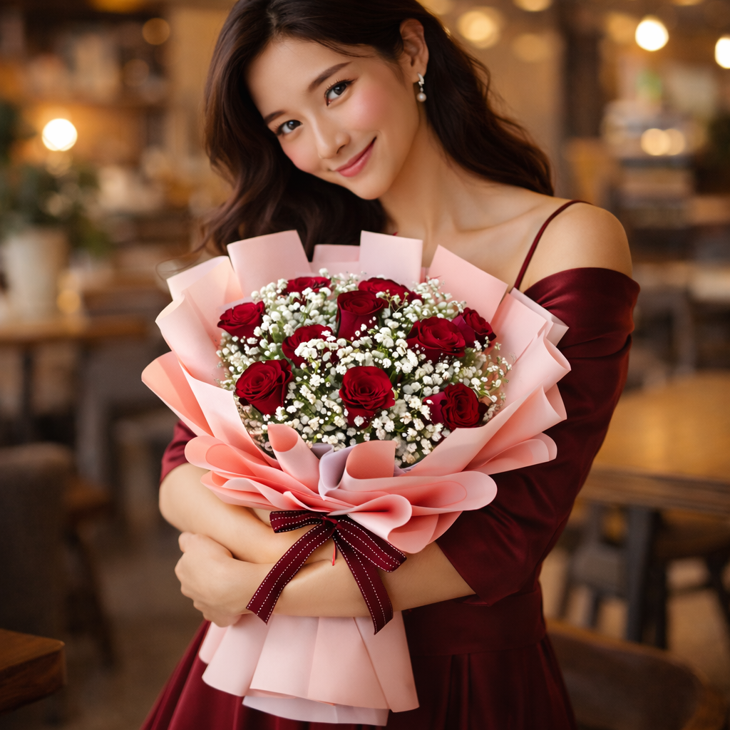 Velvet Bloom (Roses, Baby's Breath) | Fresh Flower Bouquet