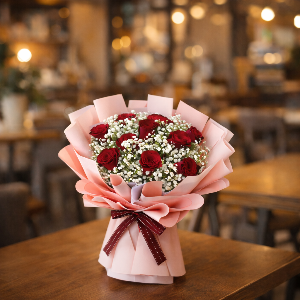 Velvet Bloom (Roses, Baby's Breath) | Fresh Flower Bouquet