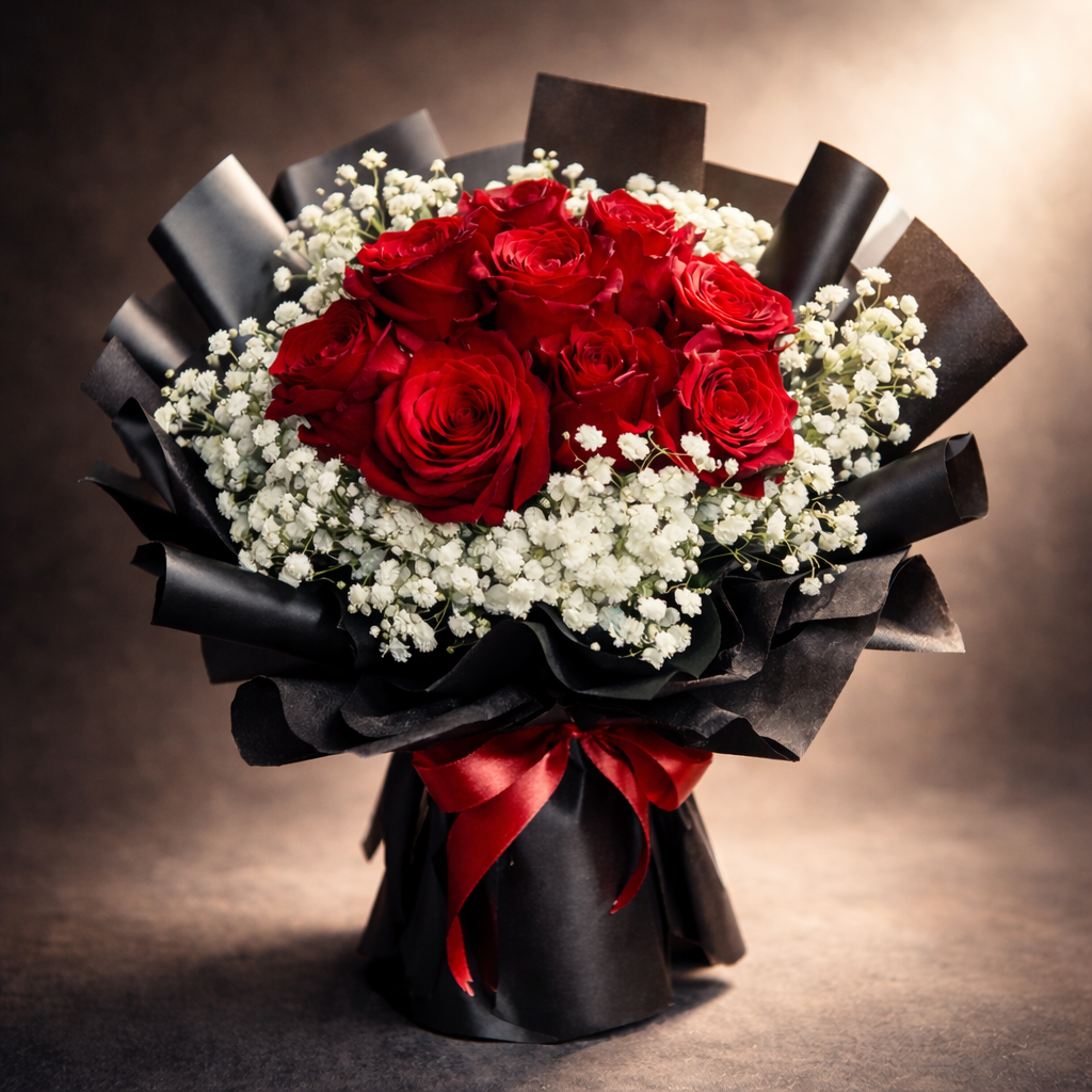 Midnight Ember (Roses, Baby's Breath) | Fresh Bouquet