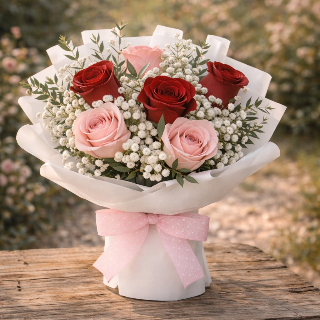 Velvet Petal Poise (Roses, Baby's Breath) | Fresh Flower Bouquet