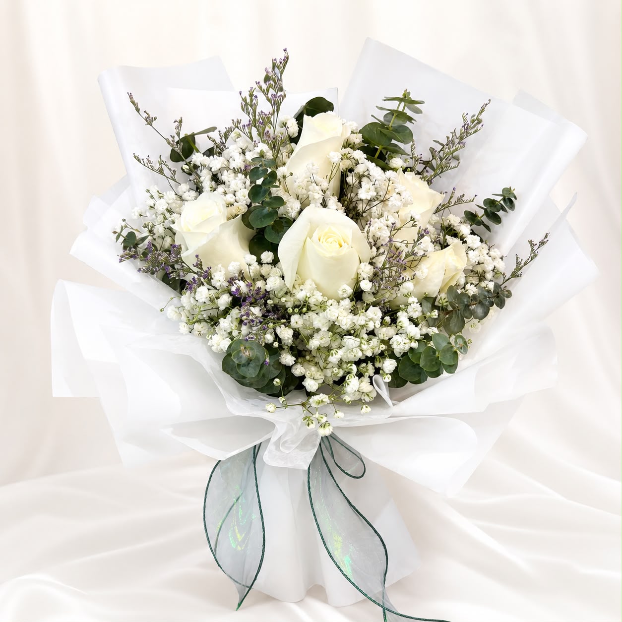 Morning Blush (Roses, Baby's Breath, Eucalyptus) | Fresh Flower Bouquet