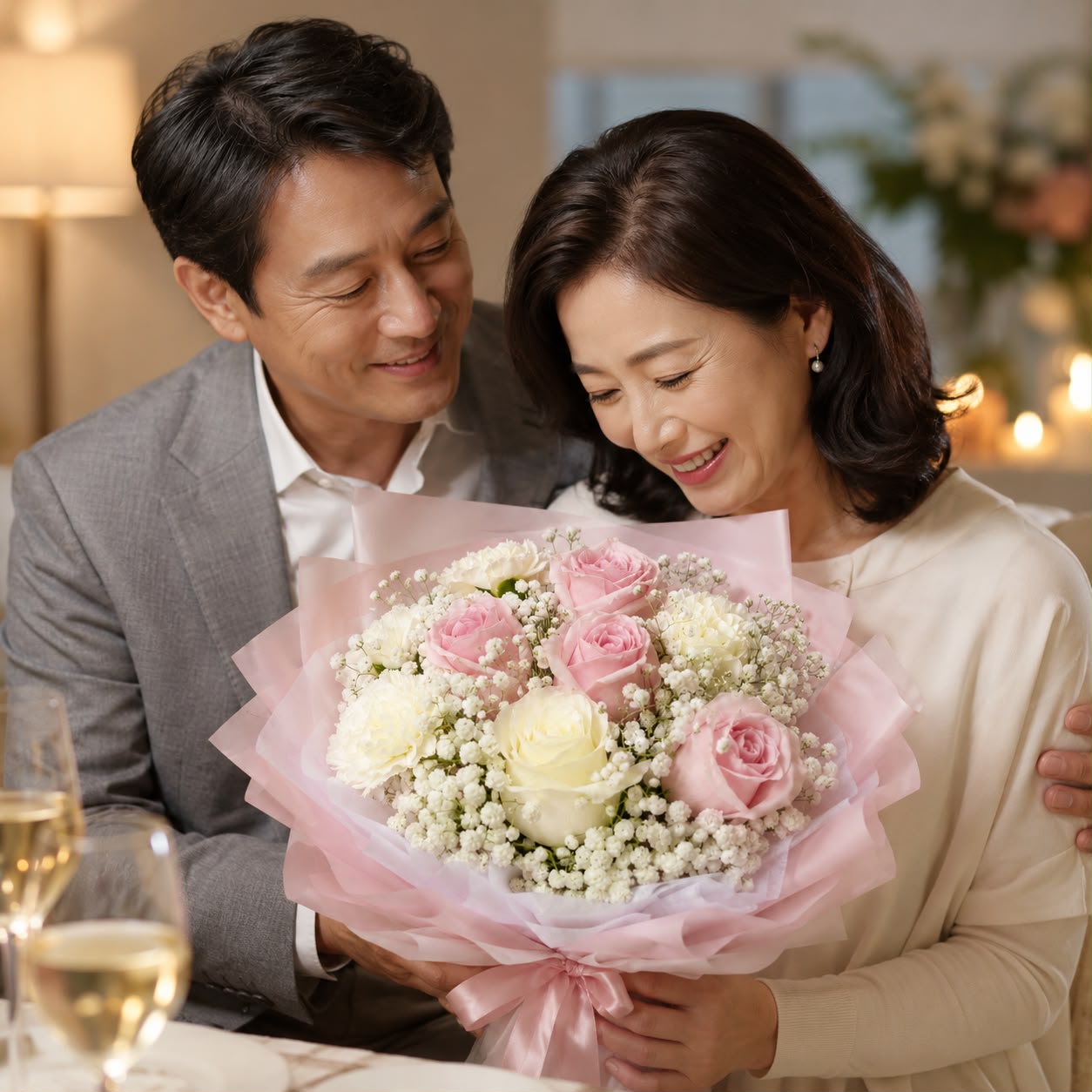 Pink Whisper (Roses, Baby's Breath) | Fresh Flower Bouquet