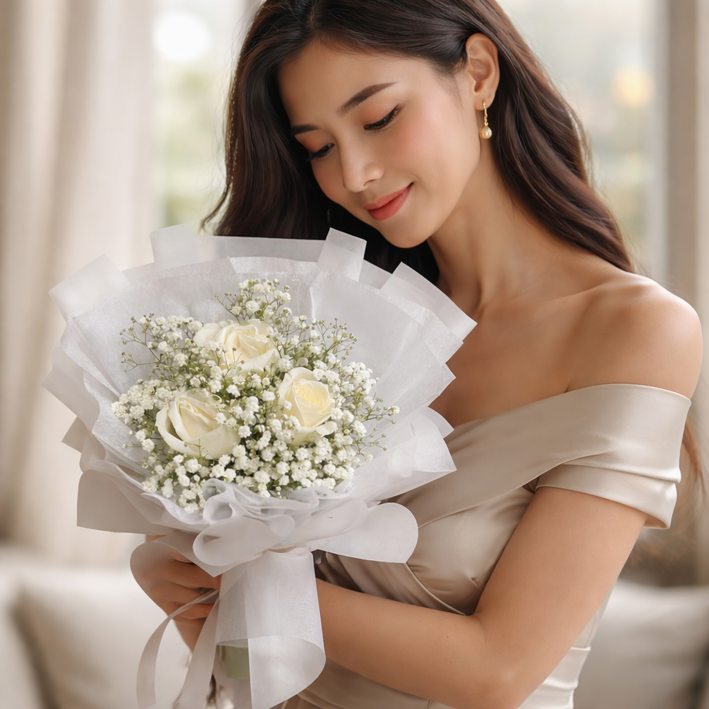 Whisper Embrace (Roses, Baby's Breath) | Flower Bouquet