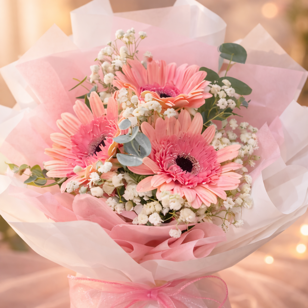 Whispering Petals (Gerbera, Baby's Breath) | Fresh Bouquet