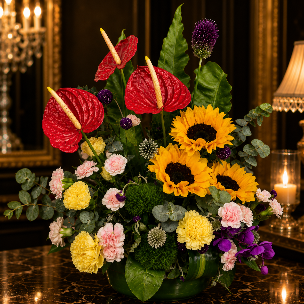Savannah Bloom (Sunflowers, Anthurium, Carnations, Ferns) | Flower Vase Arrangement