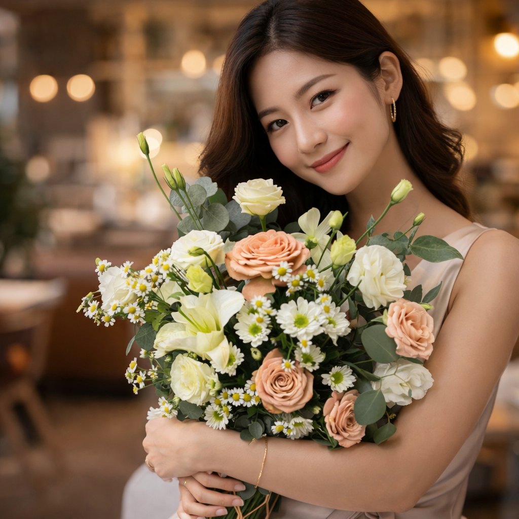 Peach Whisper (Pink Roses, White Lilies, White Gerberas, Chamomile) | Flowers in Vase