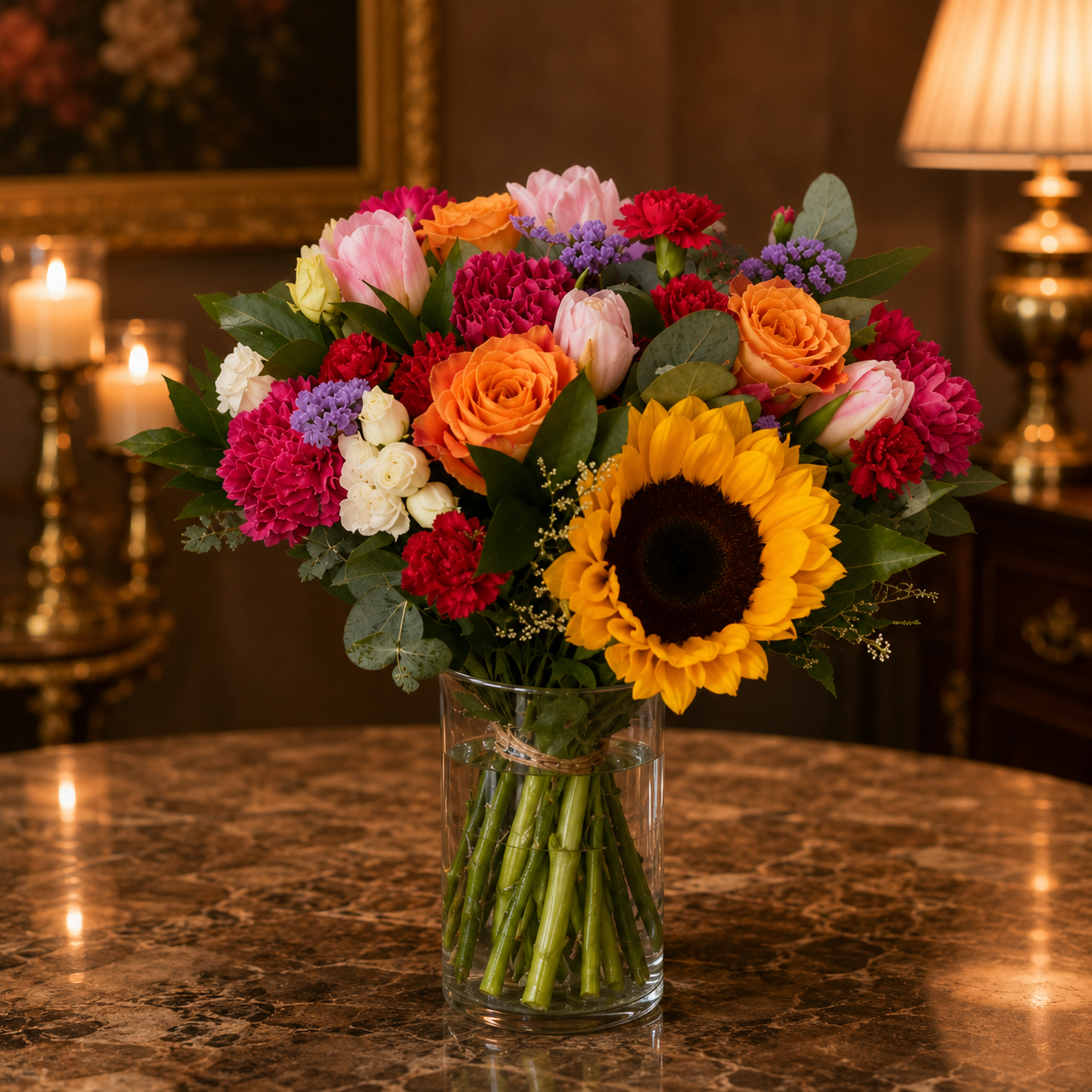 Golden Waltz (Sunflowers, Tulips, Roses, Carnations) | Vase Flower Arrangement