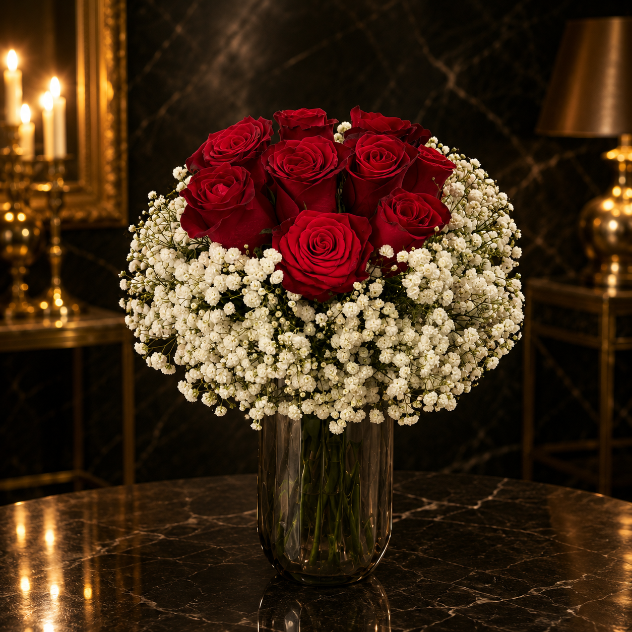 Velvet Charm (Red Roses, Baby's Breath) | Flower Vase Arrangement