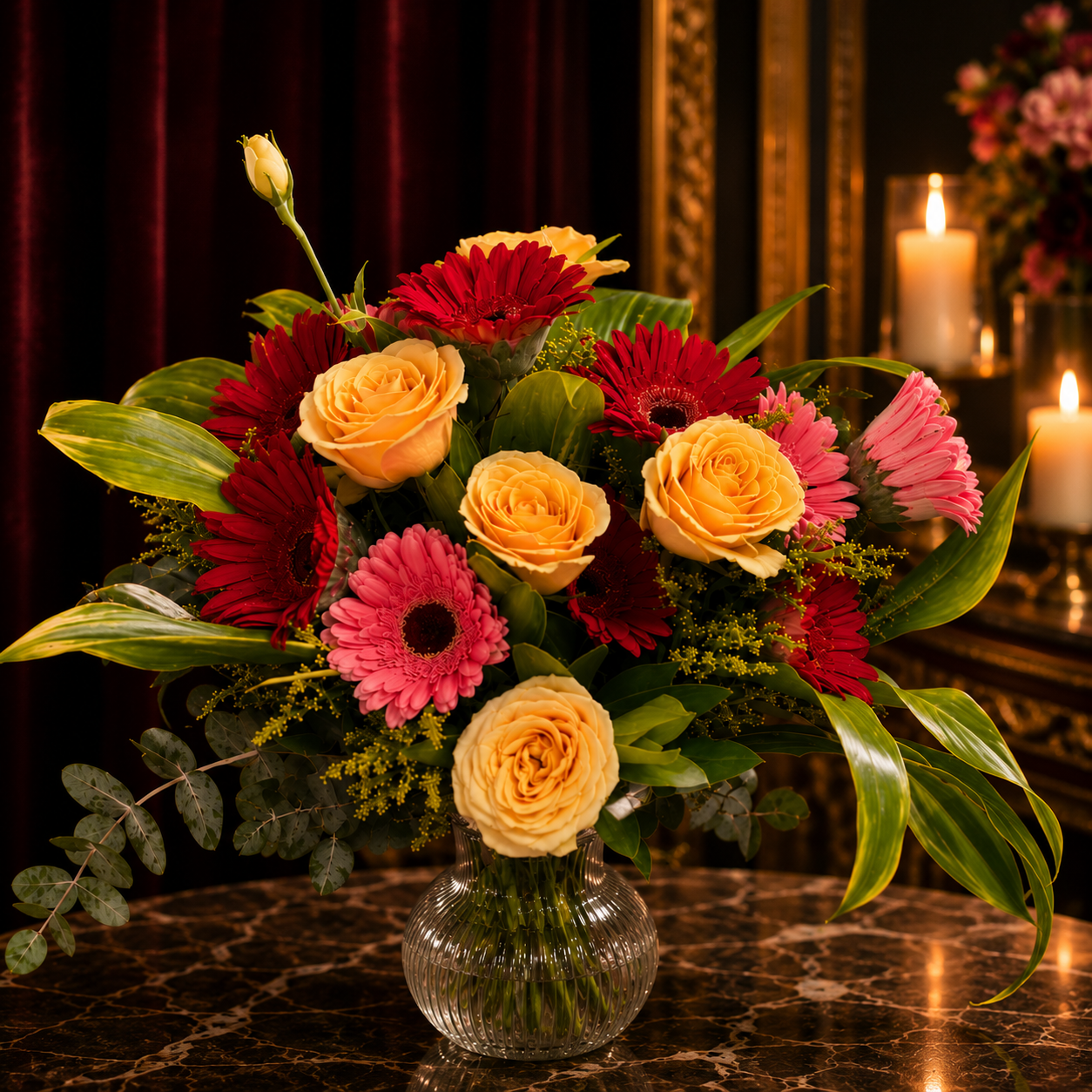 Amber Bloom Way (Red Gerberas, Orange Lisianthus) | Flowers in Vase