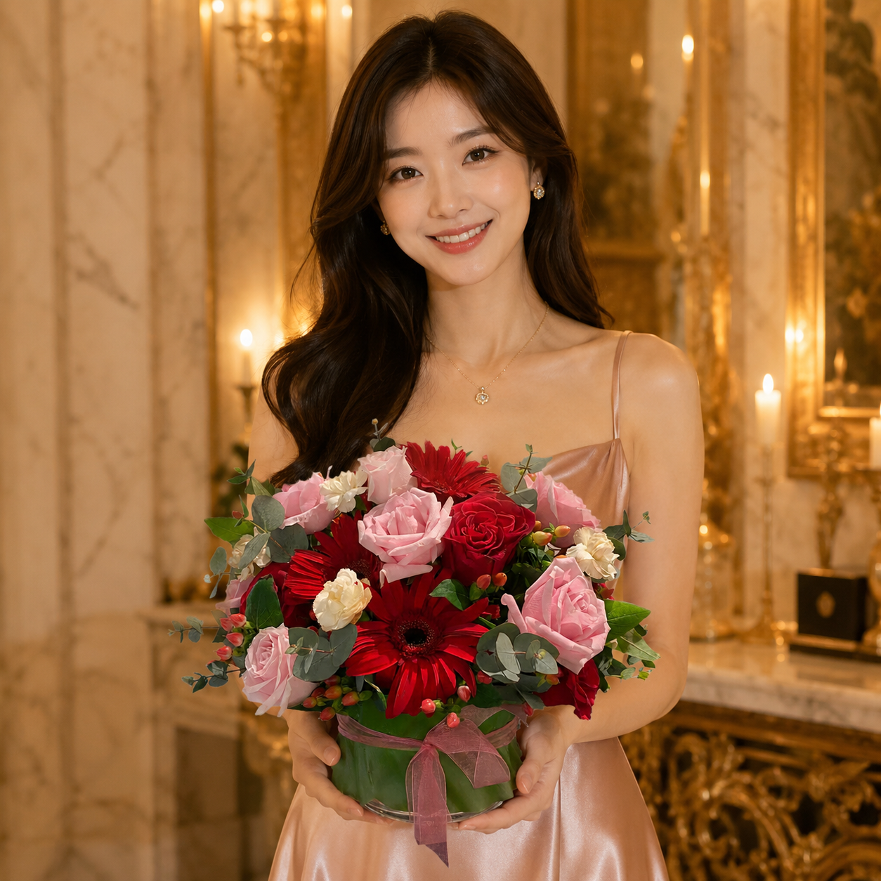 Cherry Glint (Red Gerberas, Pink Roses, Red Roses) | Flower Vase Arrangement