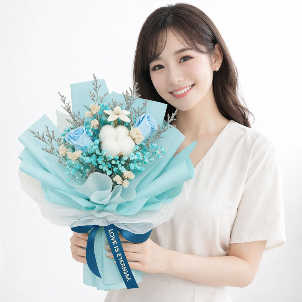 Arctic Embrace (Blue Roses, Cotton, Lavender) | Preserved Bouquet
