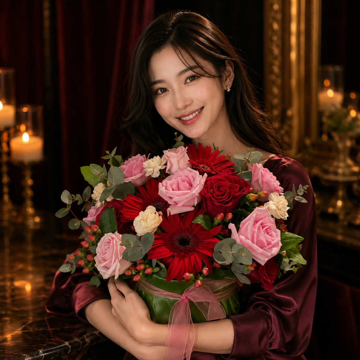 Cherry Glint (Red Gerberas, Pink Roses, Red Roses) | Flower Vase Arrangement