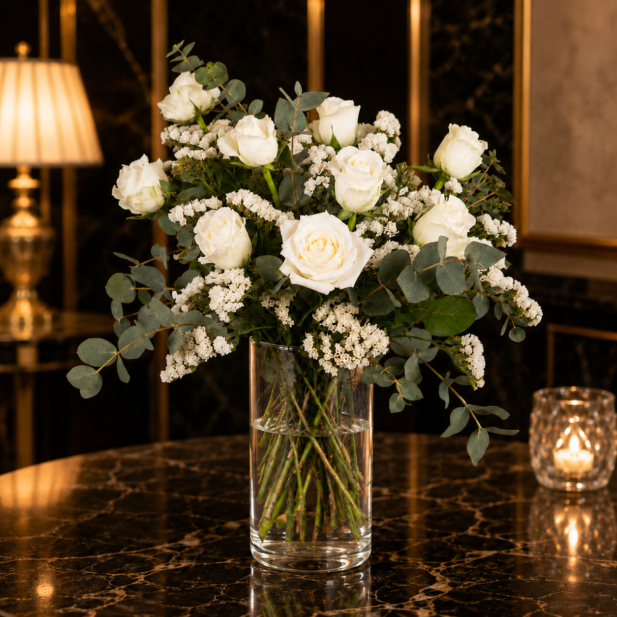 Winter Elowyn (White Roses, Eucalyptus Leaves) | Vase Flower Arrangement