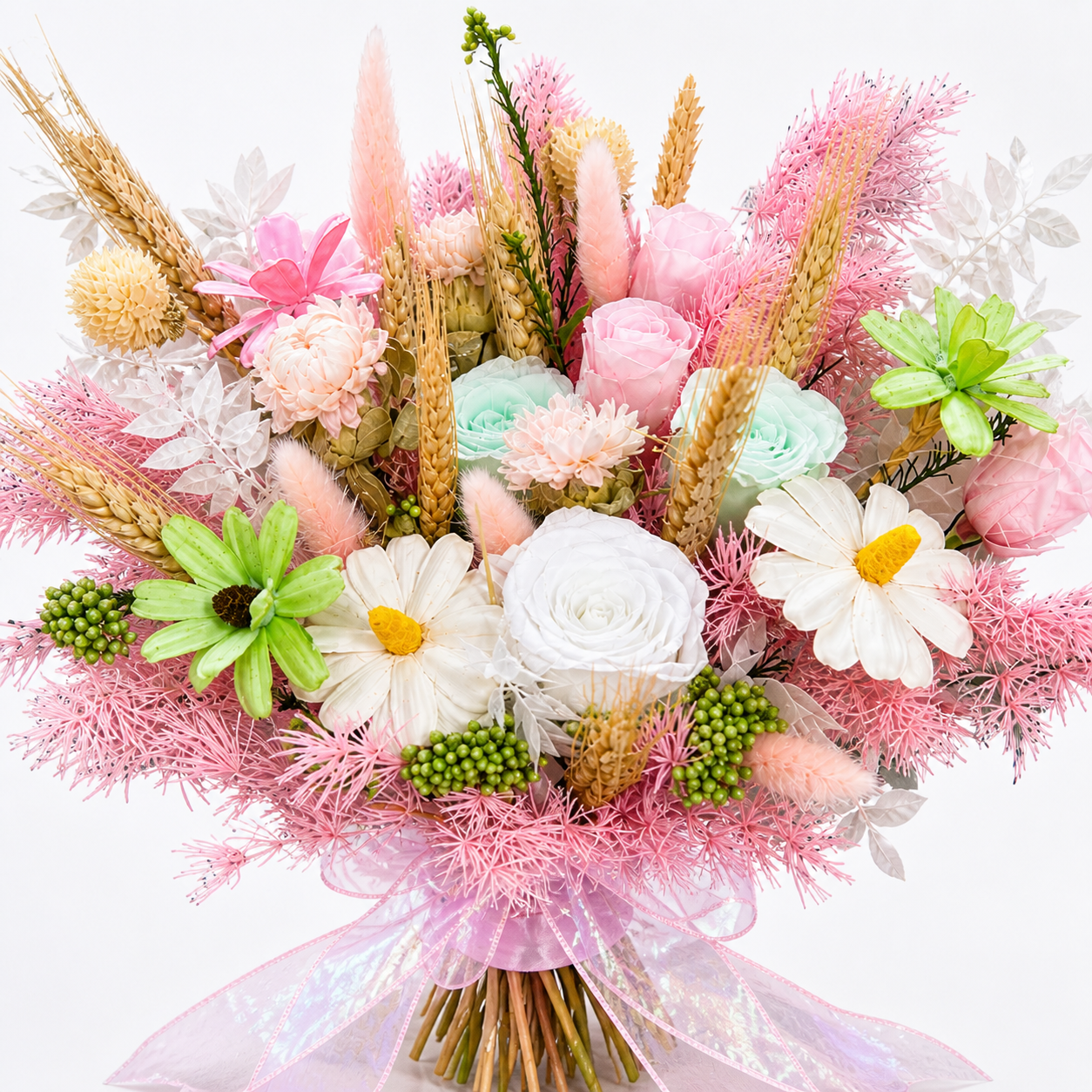 Pastel Rhapsody (Daisies, Wheat, Pink Roses) | Preserved Flower Bouquet