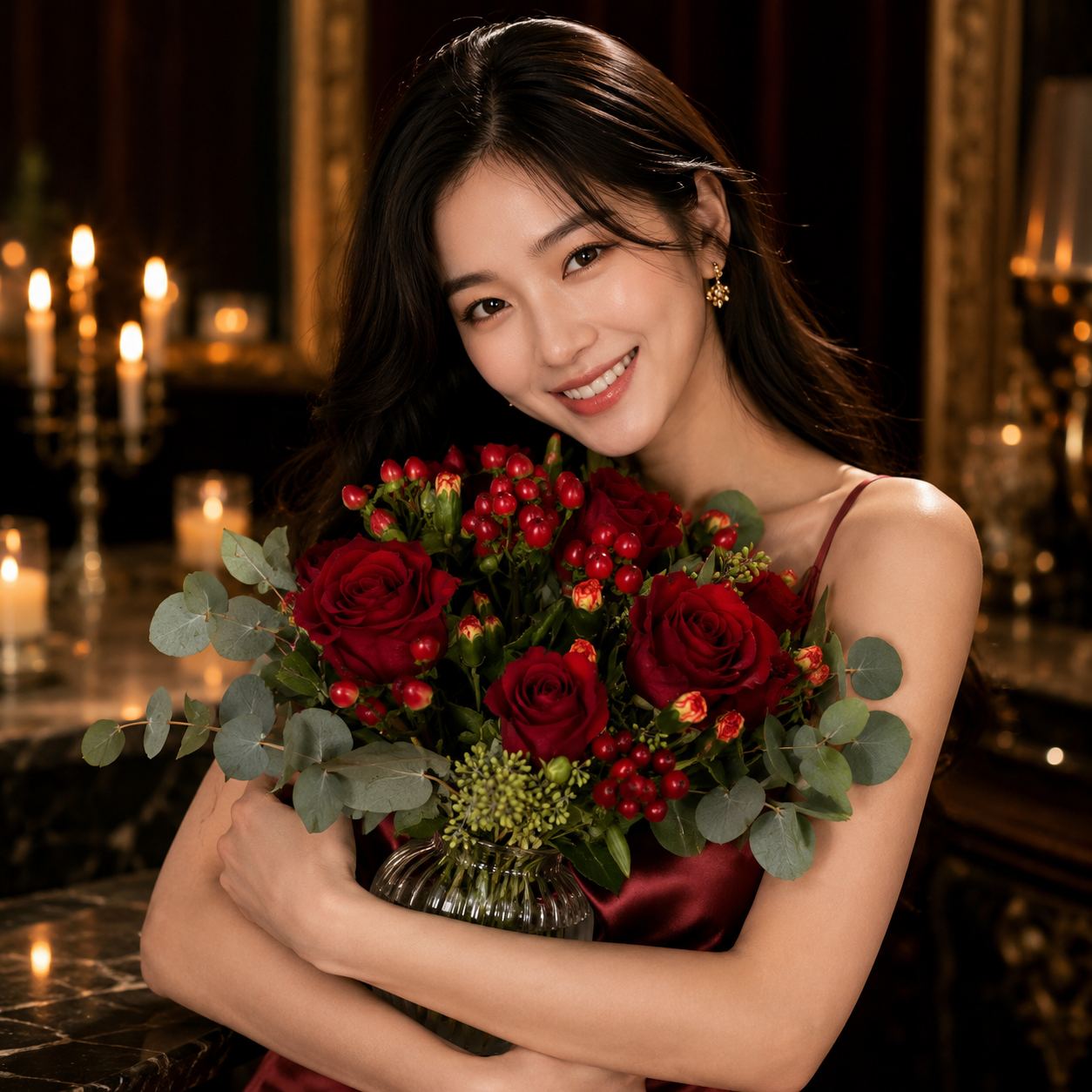 Crimson Ember (Roses, Hypericum Berries, Eucalyptus Leaves) | Flower Vase Arrangement
