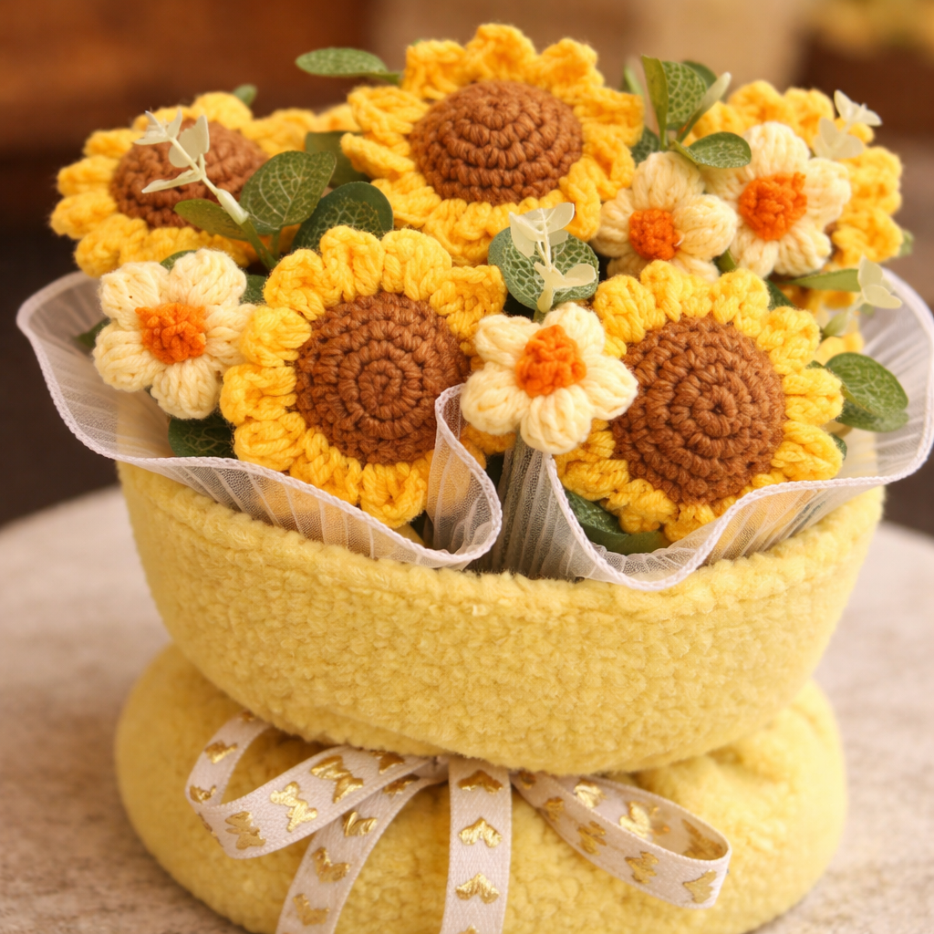 Golden Bloom Knit | Crochet Flower Bouquet
