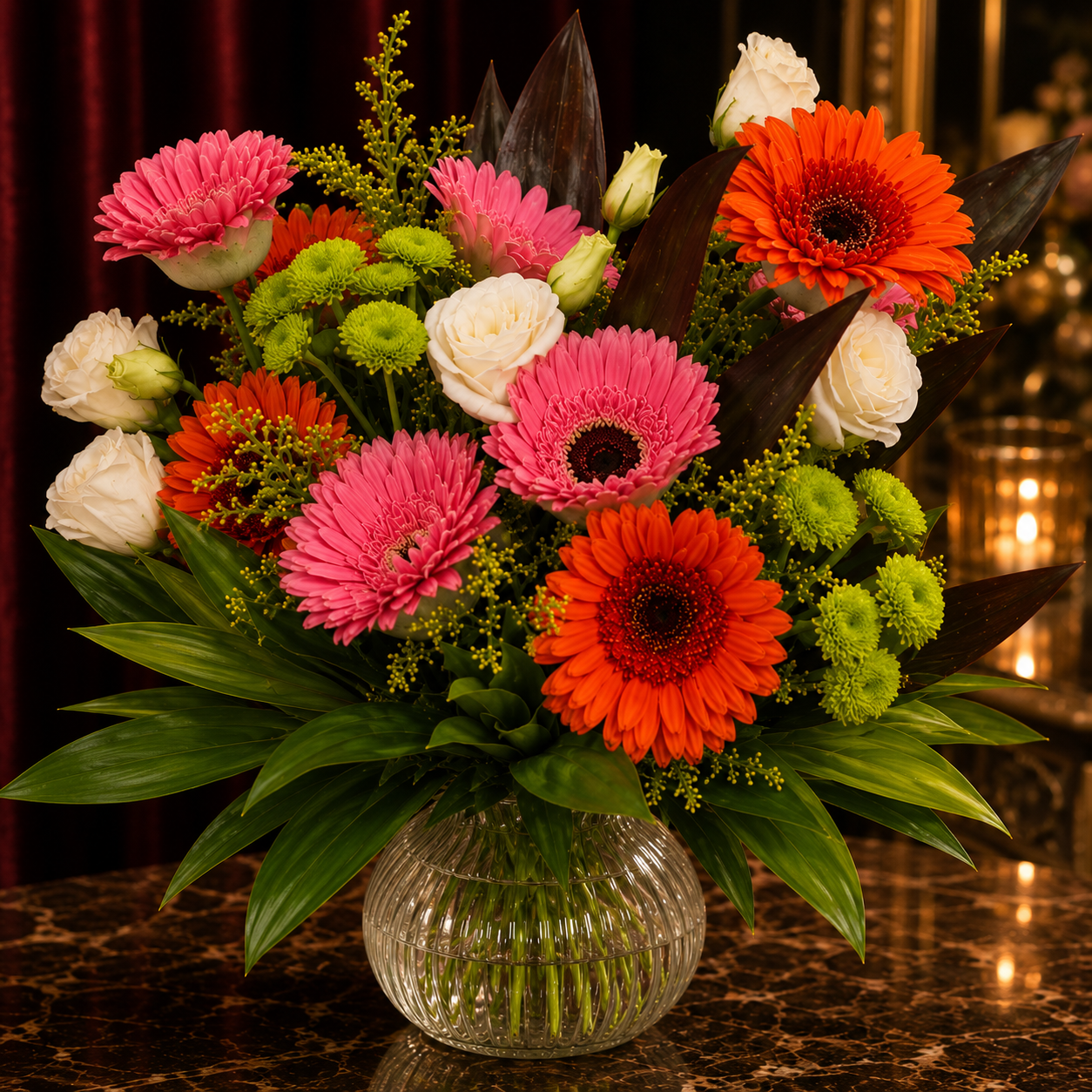 Amber Carousel (Gerberas, Lisianthus, Chrysanthemums) | Vase Flower Arrangement