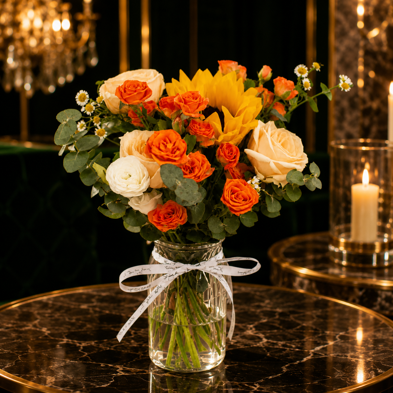 Golden Sunrise Bliss (Sunflowers, Roses, Ranunculus, Chamomile) | Vase Flower Arrangement