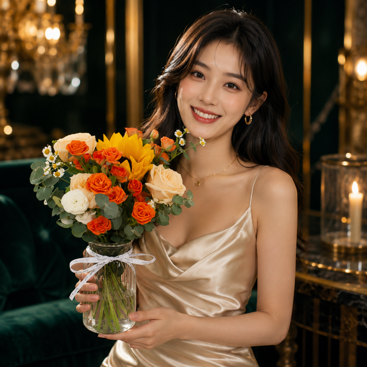 Golden Sunrise Bliss (Sunflowers, Roses, Ranunculus, Chamomile) | Vase Flower Arrangement