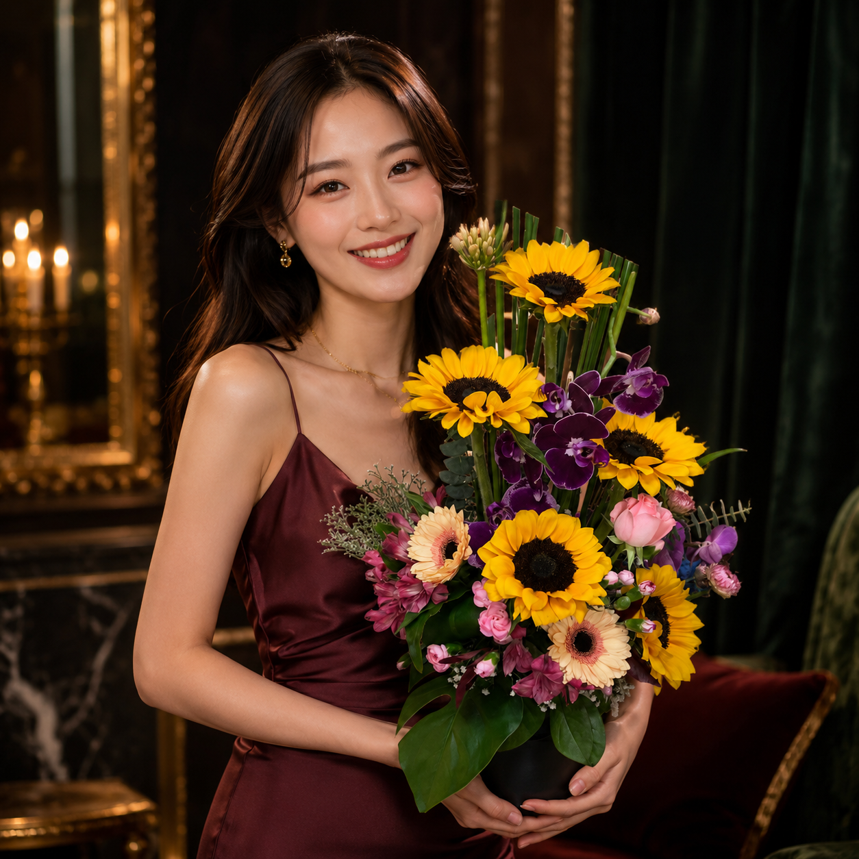 Golden Uplift (Sunflowers, Orchids) | Flowers in Vase