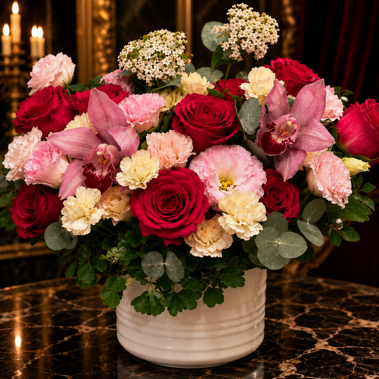 Mulberry Charm (Red Roses, Pink Lisianthus, Purple Orchids)  | Flower Vase Arrangement