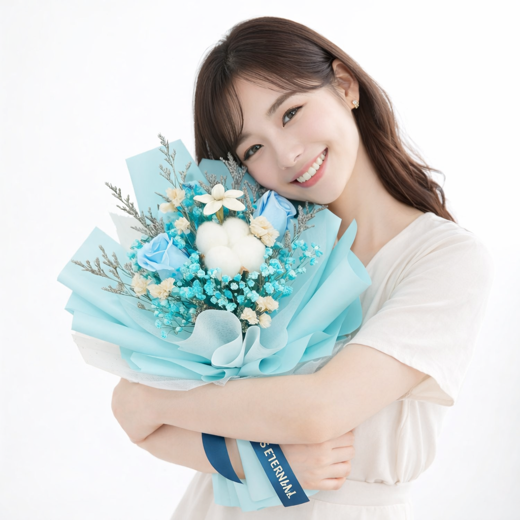 Arctic Embrace (Blue Roses, Cotton, Lavender) | Preserved Bouquet