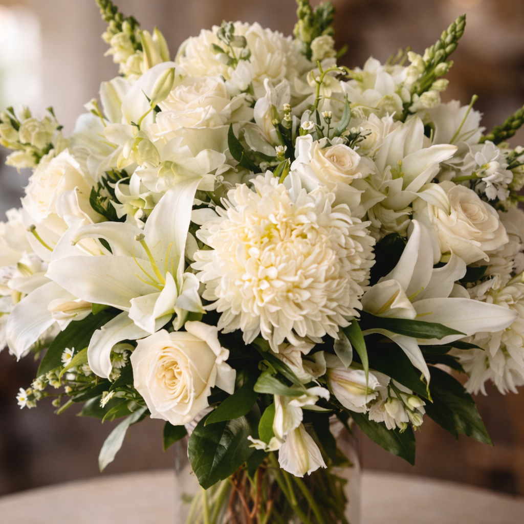 Ivory Elegance (White Lilies, White Roses, Chrysanthemums) | Flower Vase Arrangement