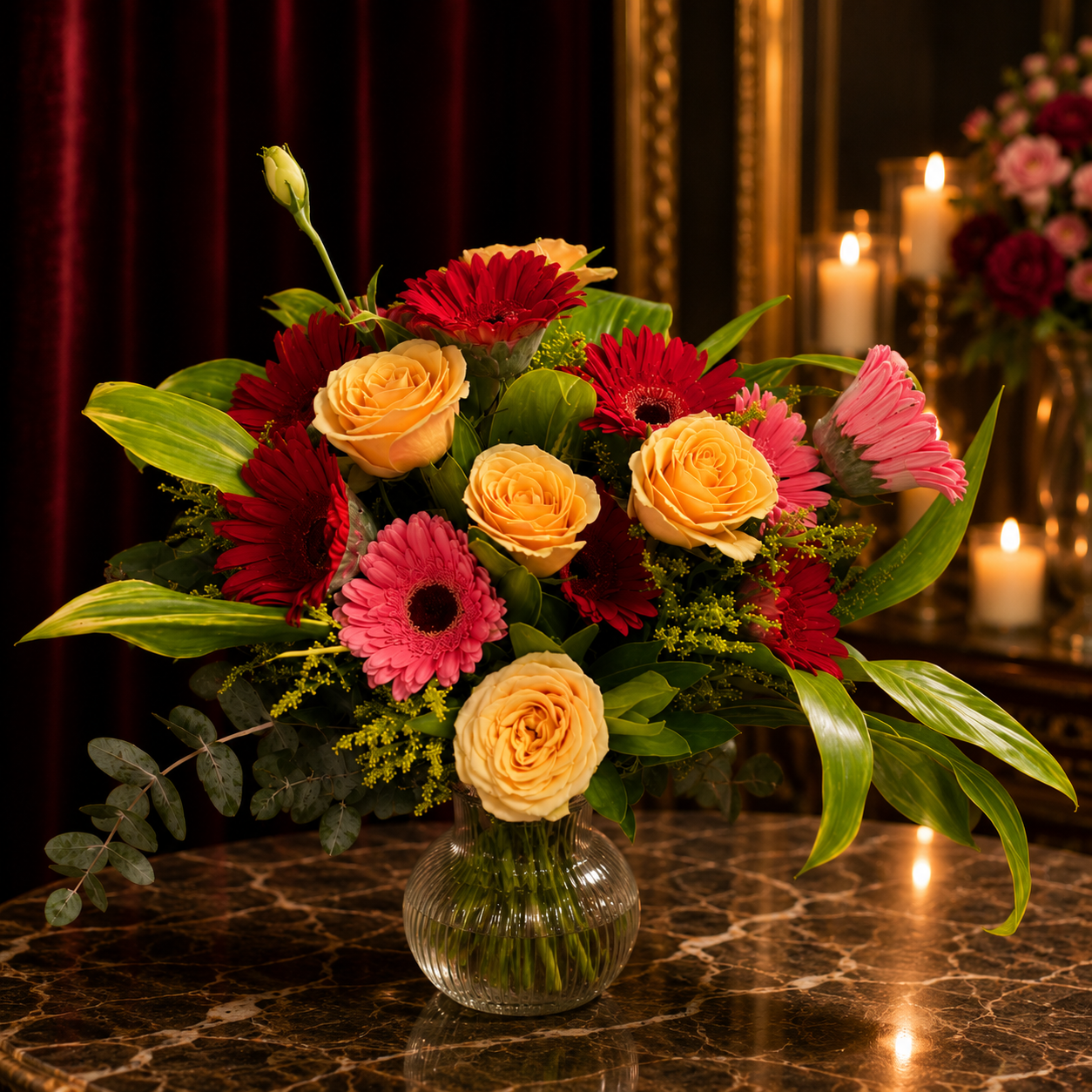 Amber Bloom Way (Red Gerberas, Orange Lisianthus) | Flowers in Vase