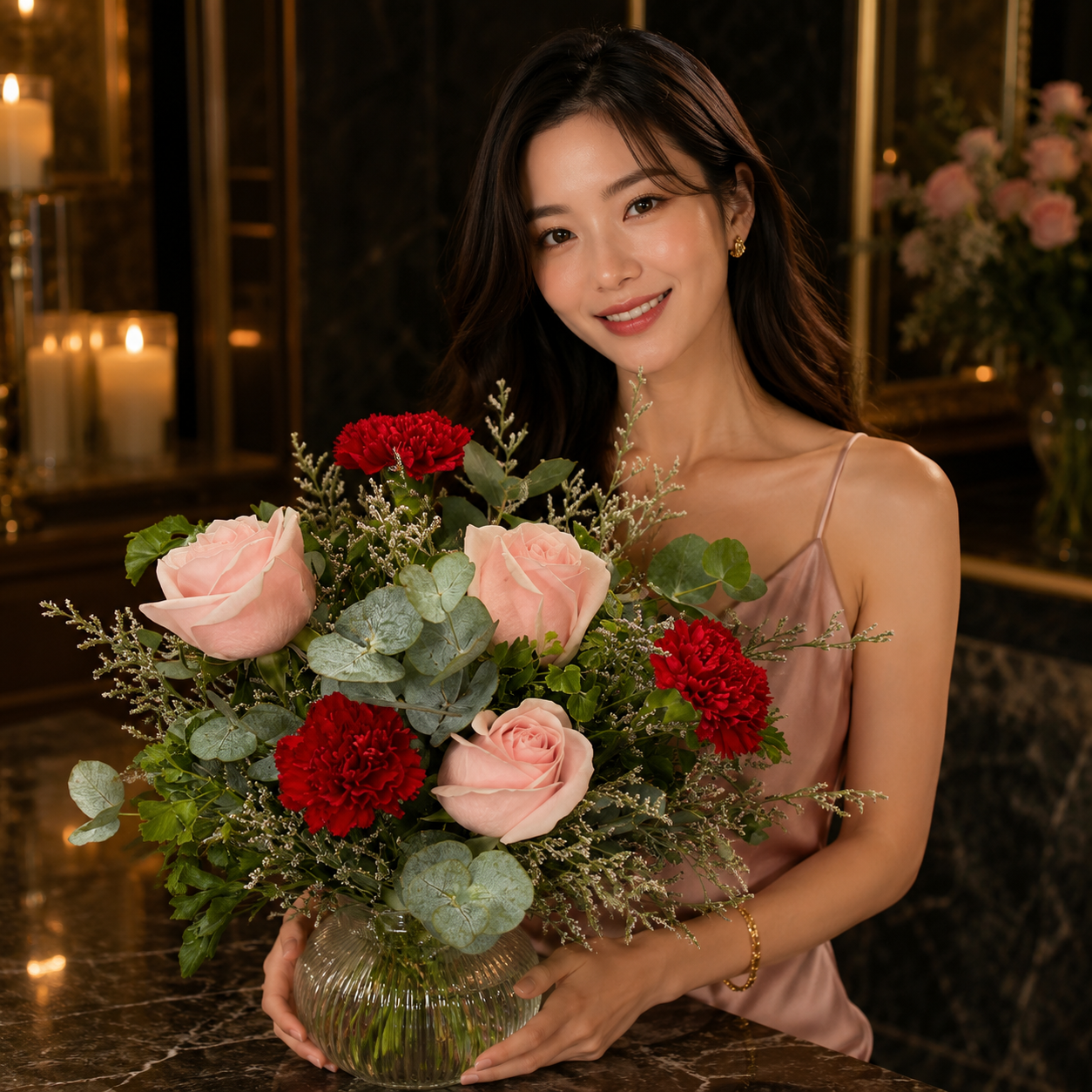 Blush Eclipse (Roses, Carnations, Lavender) | Flowers in Vase