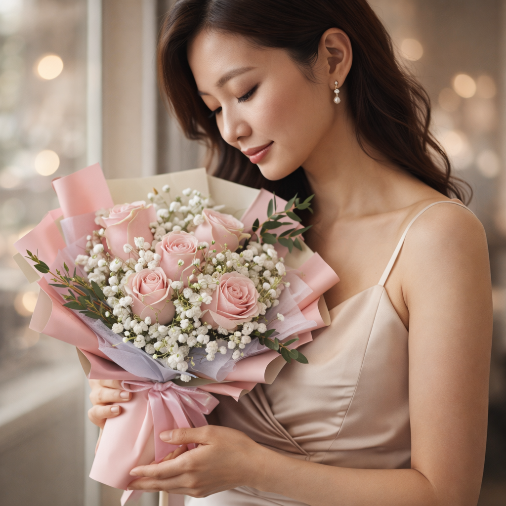 Morning Blush (Roses, Baby's Breath) | Fresh Flower Bouquet