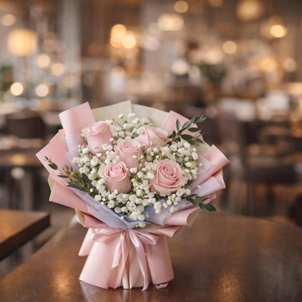 Morning Blush (Roses, Baby's Breath) | Fresh Flower Bouquet